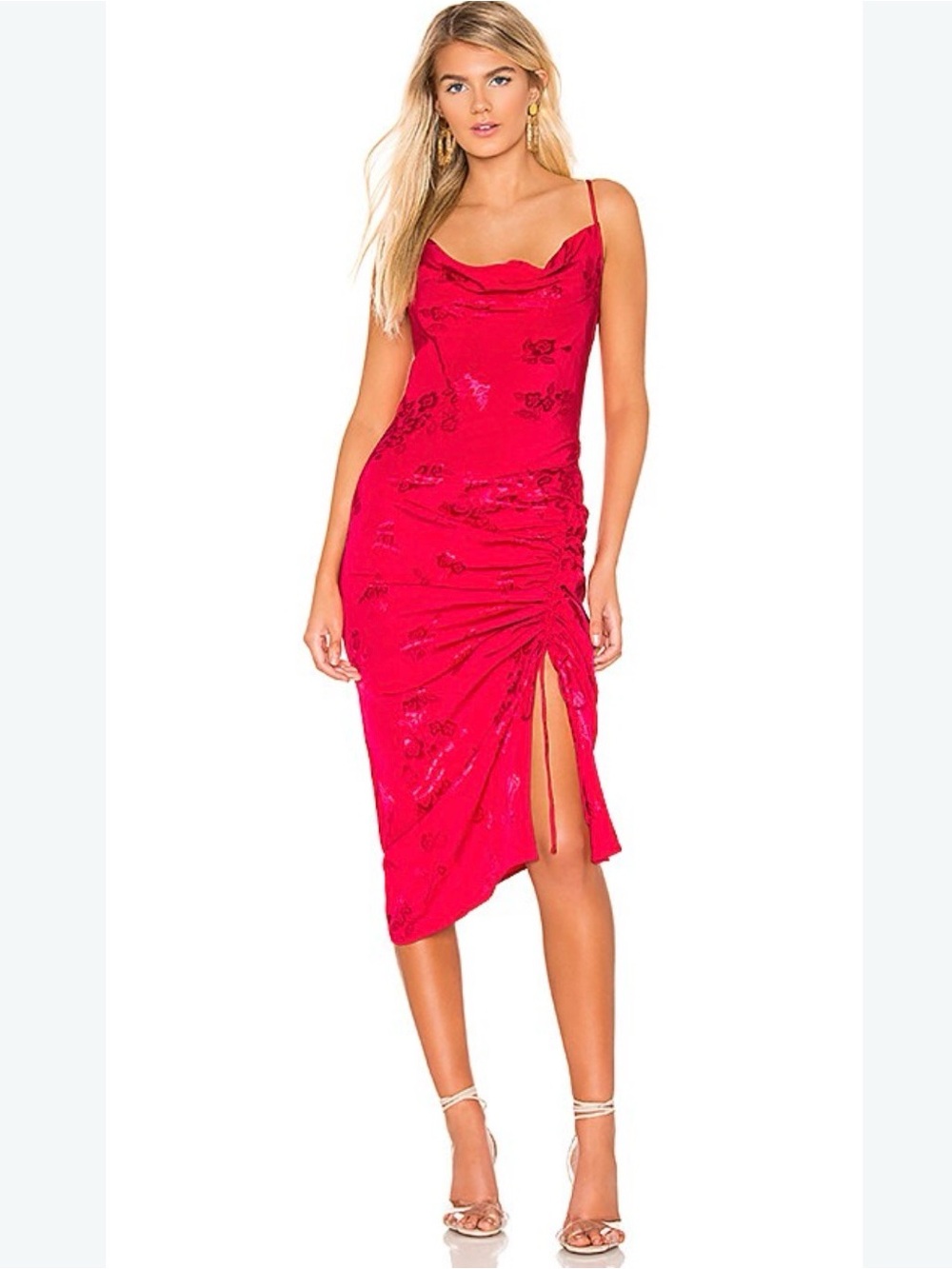 Lovers + Friends Hot Pink red Cowl Neck Ruched Midi Dress